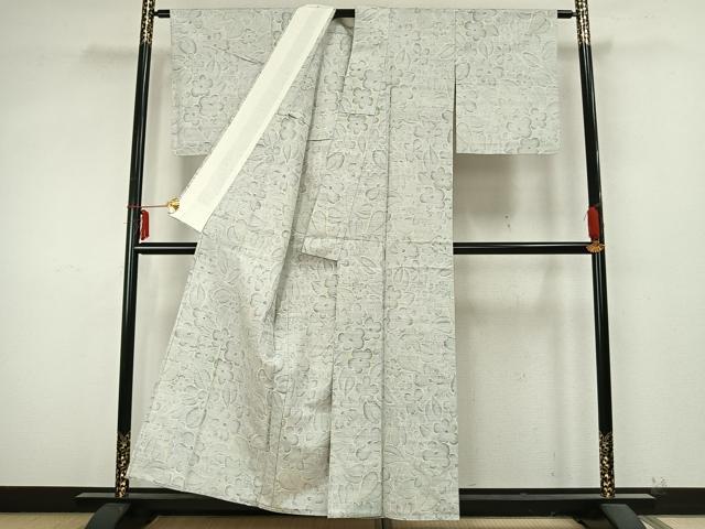 平和屋着物▽上質な紬　単衣　草花文　正絹　逸品　AABB2096fy