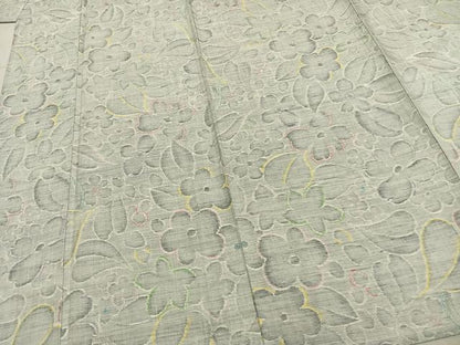 平和屋着物▽上質な紬　単衣　草花文　正絹　逸品　AABB2096fy