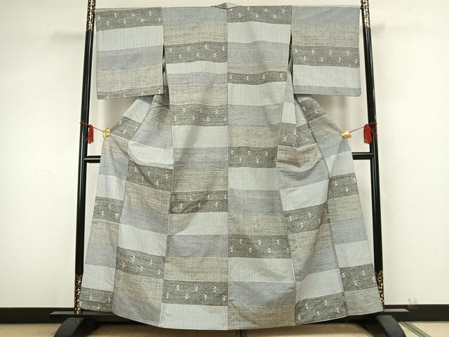 平和屋着物▽上質な紬 単衣 横段文 正絹 逸品 AABB2102fy