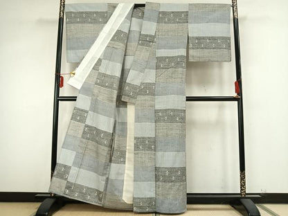 平和屋着物▽上質な紬 単衣 横段文 正絹 逸品 AABB2102fy