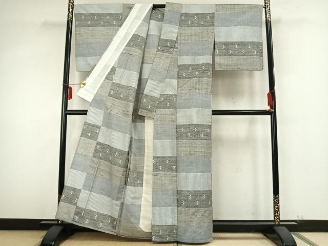 平和屋着物▽上質な紬 単衣 横段文 正絹 逸品 AABB2102fy