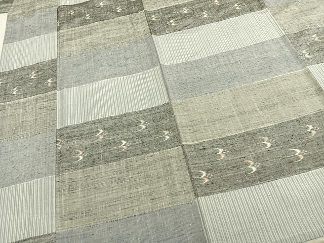 平和屋着物▽上質な紬 単衣 横段文 正絹 逸品 AABB2102fy