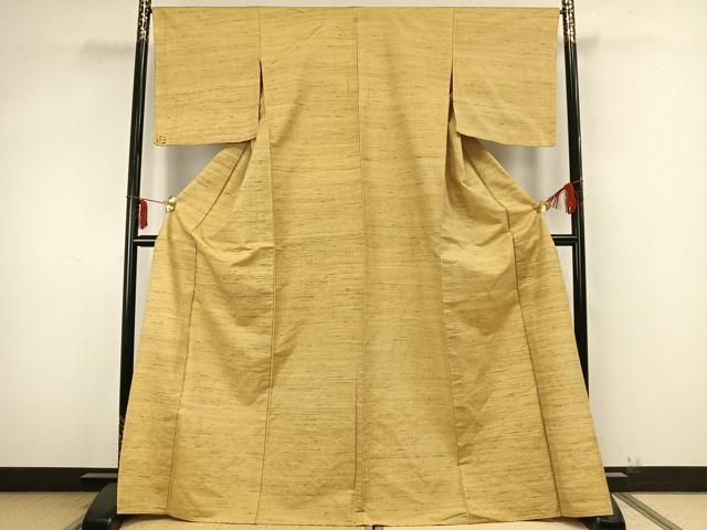 平和屋着物▽上質な紬 単衣 色無地 花葉色 正絹 逸品 AABB2103fy