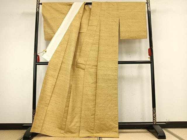 平和屋着物▽上質な紬 単衣 色無地 花葉色 正絹 逸品 AABB2103fy