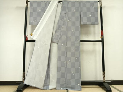 平和屋着物▽小紋 単衣 市松舞桜文 洗える着物 AABB2119fy