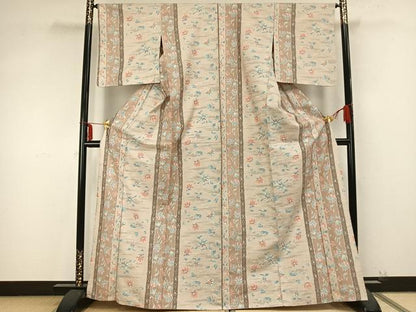 平和屋着物▽上質な紬 単衣 花唐草間道 正絹 逸品 AABB2123fy