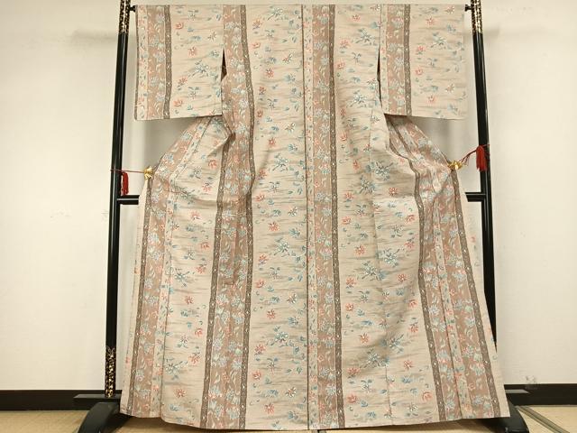 平和屋着物▽上質な紬 単衣 花唐草間道 正絹 逸品 AABB2123fy