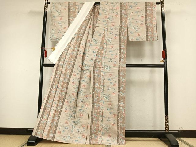 平和屋着物▽上質な紬 単衣 花唐草間道 正絹 逸品 AABB2123fy