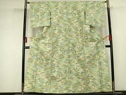 平和屋着物▽小千谷紬 単衣 葉尽くし 正絹 逸品 AABB2124fy