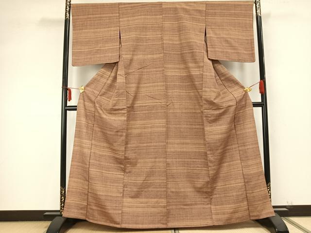 平和屋着物▽上質な紬　単衣　横段文　正絹　逸品　AABB2125fy