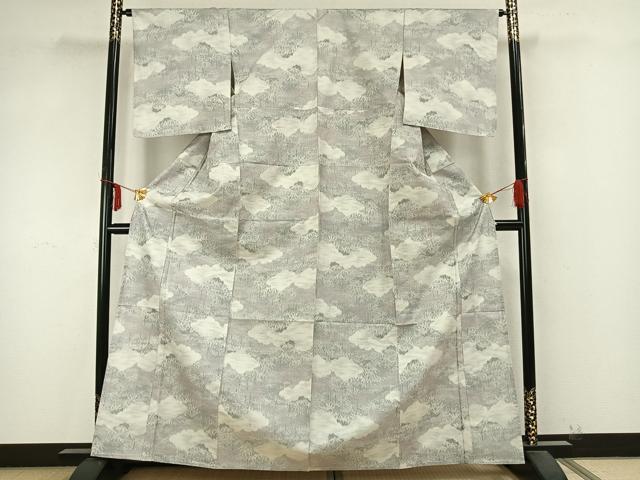平和屋着物▽民芸　大島紬　単衣　雲取り風景文　反端付き　正絹　逸品　AABB2127fy