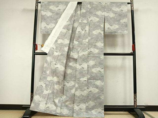 平和屋着物▽民芸　大島紬　単衣　雲取り風景文　反端付き　正絹　逸品　AABB2127fy