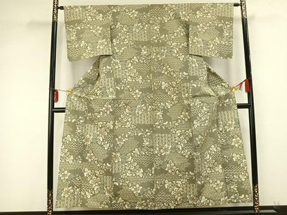 平和屋着物▽上質な紬 単衣 草花文 正絹 逸品 未使用 AABB2131fy