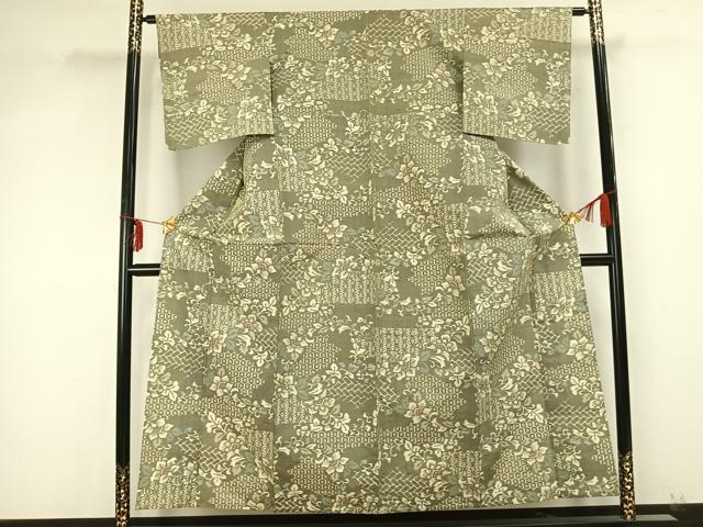 平和屋着物▽上質な紬 単衣 草花文 正絹 逸品 未使用 AABB2131fy