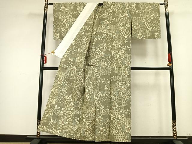 平和屋着物▽上質な紬 単衣 草花文 正絹 逸品 未使用 AABB2131fy