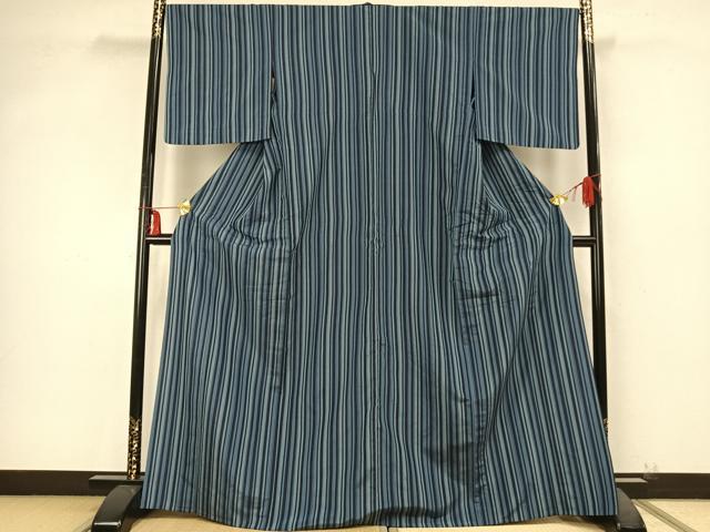 平和屋着物▽上質な紬 単衣 縞 正絹 逸品 AABB2132fy