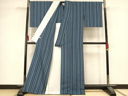 平和屋着物▽上質な紬 単衣 縞 正絹 逸品 AABB2132fy