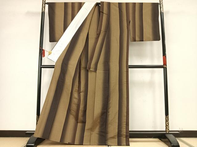 平和屋着物▽上質な紬 単衣 縞 玉糸ぼかし 反端付き 正絹 逸品 AABB2133fy