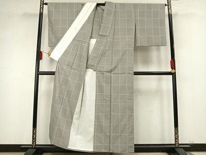 平和屋着物▽上質な紬 単衣 格子 正絹 逸品 AABB2134fy