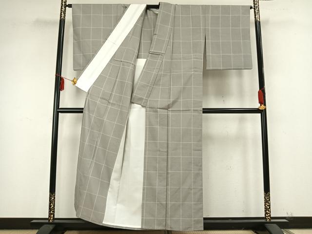 平和屋着物▽上質な紬 単衣 格子 正絹 逸品 AABB2134fy