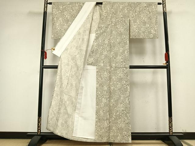 平和屋着物▽上質な紬 単衣 色紙重ね花文 正絹 逸品 AABB2135fy