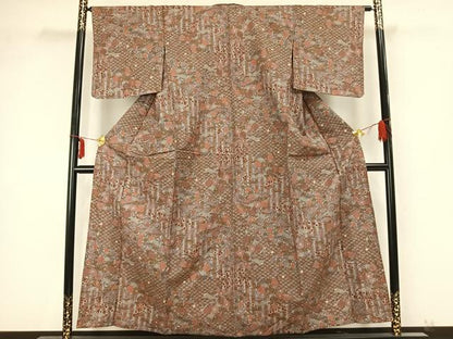 平和屋着物▽上質な小紋　単衣　紬地　松竹梅　正絹　逸品　AABB2138fy
