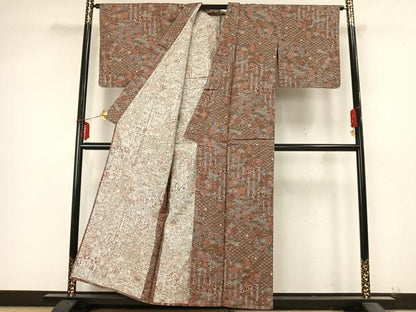 平和屋着物▽上質な小紋　単衣　紬地　松竹梅　正絹　逸品　AABB2138fy