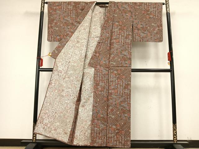 平和屋着物▽上質な小紋　単衣　紬地　松竹梅　正絹　逸品　AABB2138fy