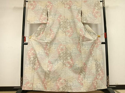 平和屋着物▽小千谷紬　単衣　切嵌花文　正絹　逸品　AABB2146fy
