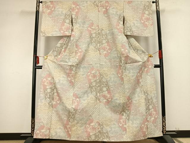 平和屋着物▽小千谷紬　単衣　切嵌花文　正絹　逸品　AABB2146fy