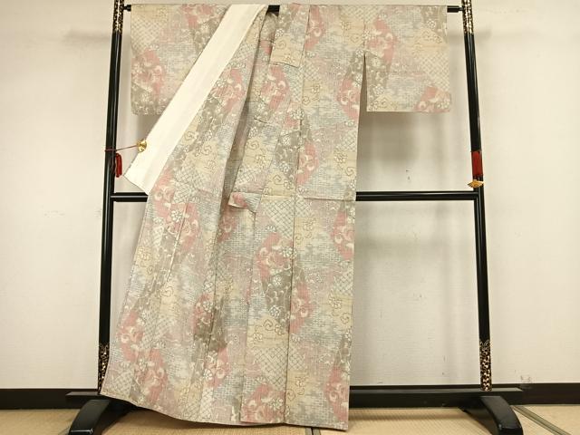 平和屋着物▽小千谷紬　単衣　切嵌花文　正絹　逸品　AABB2146fy