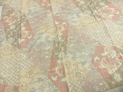 平和屋着物▽小千谷紬　単衣　切嵌花文　正絹　逸品　AABB2146fy