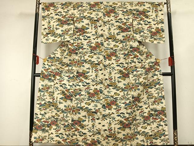 平和屋着物▽上質な小紋　単衣　紬地　型染め　草花文　正絹　逸品　AABB2150fy