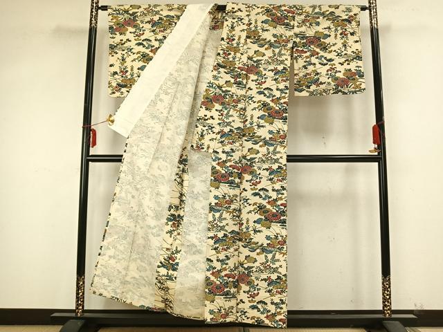 平和屋着物▽上質な小紋　単衣　紬地　型染め　草花文　正絹　逸品　AABB2150fy