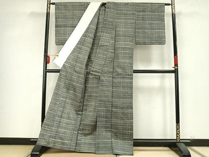 平和屋着物▽上質な紬 単衣 格子 正絹 逸品 AABB2166fy