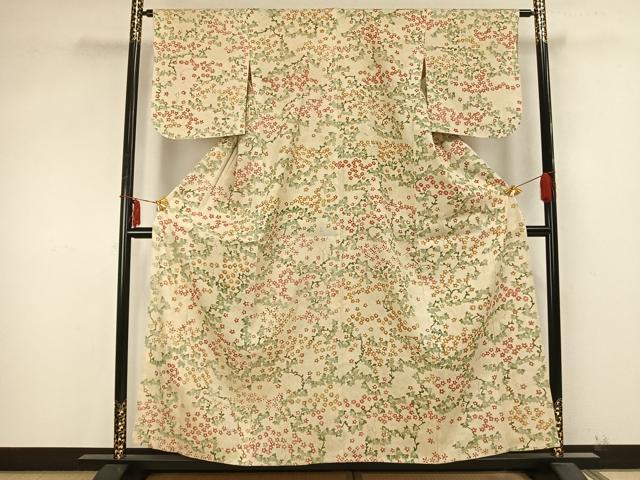 平和屋着物▽上質な紬 単衣 手描き 草花文 正絹 逸品 AABB2168fy