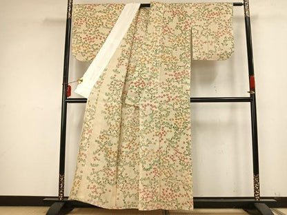 平和屋着物▽上質な紬 単衣 手描き 草花文 正絹 逸品 AABB2168fy