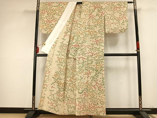 平和屋着物▽上質な紬 単衣 手描き 草花文 正絹 逸品 AABB2168fy