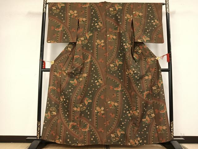 平和屋着物▽小紋 単衣 雪輪花蝶文 洗える着物 AABB2175fy