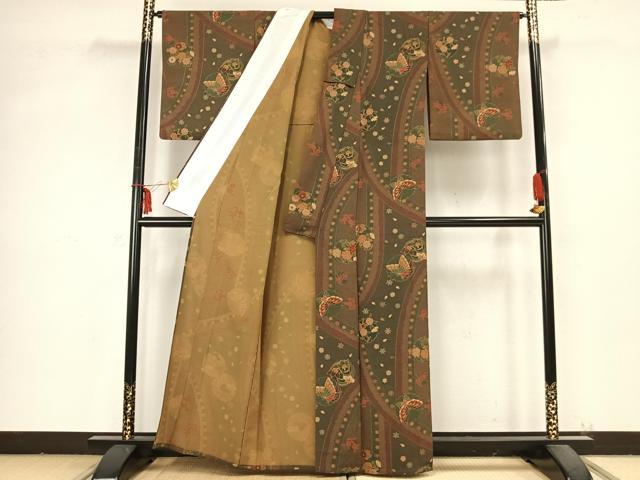 平和屋着物▽小紋 単衣 雪輪花蝶文 洗える着物 AABB2175fy