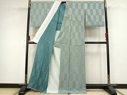 平和屋着物▽小紋 単衣 市松霞文様 洗える着物 AABB2177fy