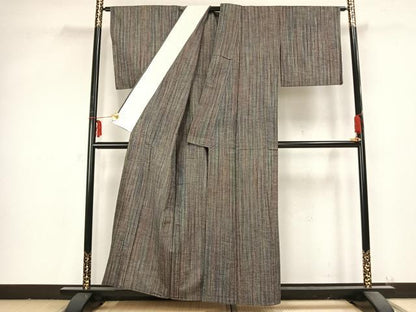 平和屋着物▽結城紬 単衣 縞 証紙付き 正絹 逸品 AABB2183fy