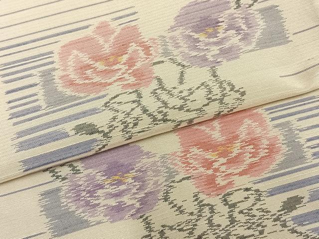 平和屋着物▽上質な紬 単衣 草花文 正絹 逸品 未使用 AABB2184fy