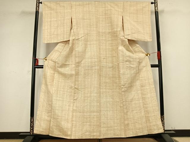 平和屋着物▽上質な紬 単衣 格子十字絣文様 正絹 逸品 AABB2185fy