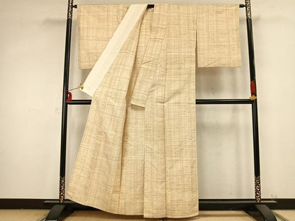 平和屋着物▽上質な紬 単衣 格子十字絣文様 正絹 逸品 AABB2185fy