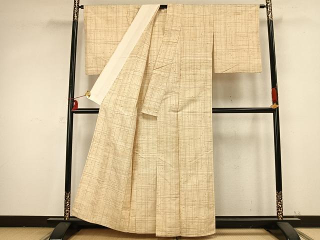 平和屋着物▽上質な紬 単衣 格子十字絣文様 正絹 逸品 AABB2185fy