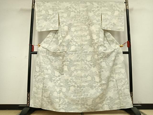 平和屋着物▽上質な紬 単衣 風景草花文 正絹 逸品 AABB2189fy