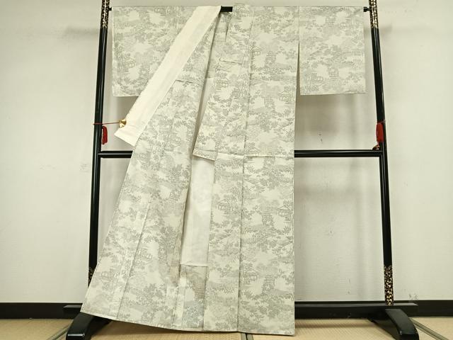 平和屋着物▽上質な紬 単衣 風景草花文 正絹 逸品 AABB2189fy