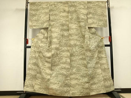 平和屋着物▽上質な紬 単衣 手描き 草花文 正絹 逸品 AABB2190fy