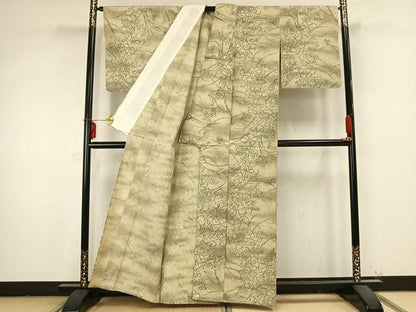 平和屋着物▽上質な紬 単衣 手描き 草花文 正絹 逸品 AABB2190fy
